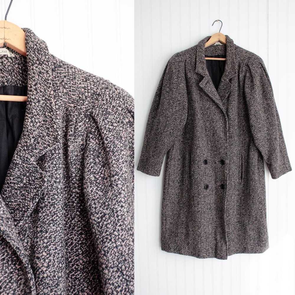 Vintage Wool Tweed Oversized Coat 1980s 14 L Black Pink Double Breasted Boxy
